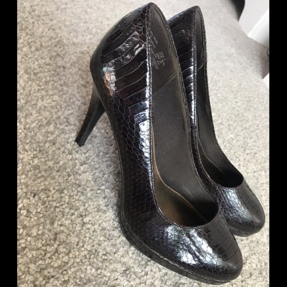 Dark Brown Snakeskin Patent Leather Pumps